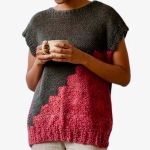 Vintage Fashions Village Leather Knitted Sleeveless Sweater Top Black Coral M/L